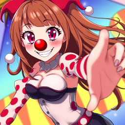 An anime clown girl with flowing brown hair and mesmerizing pink eyes featuring unique heart-shaped pupils