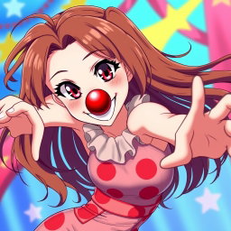 An anime clown girl with flowing brown hair and mesmerizing pink eyes featuring unique heart-shaped pupils