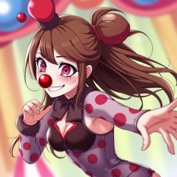 An anime clown girl with flowing brown hair and mesmerizing pink eyes featuring unique heart-shaped pupils