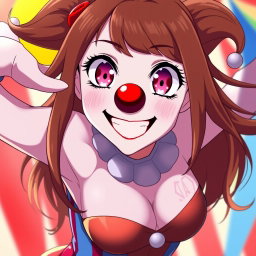 An anime clown girl with flowing brown hair and mesmerizing pink eyes featuring unique heart-shaped pupils