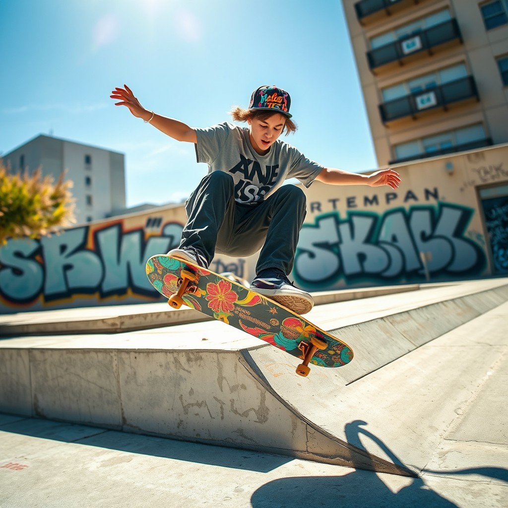 A dynamic scene featuring a young adult performing impressive tricks on a skateboard in an urban setting