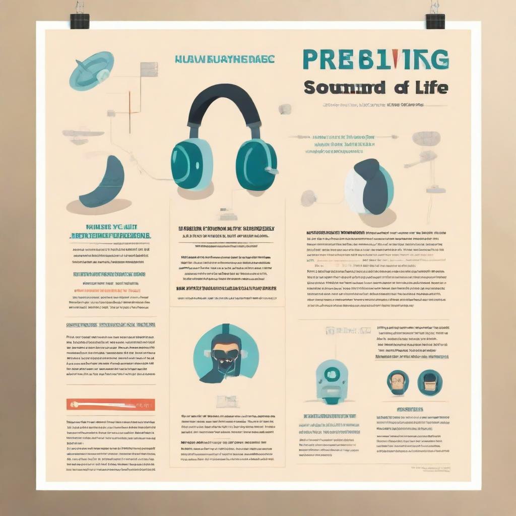 Informative poster displaying the steps for proper hearing care. Include illustrations of ears, sound waves, protective gear, and safe listening practices with the headline 'Preserving the Sound of Life'.