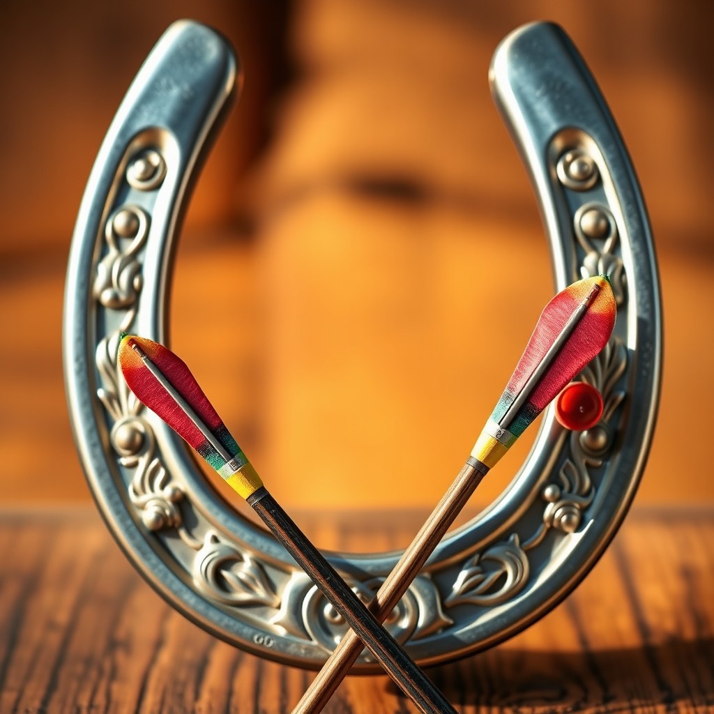 A detailed close-up illustration of a horseshoe, crafted from shiny metal, adorned with intricate patterns