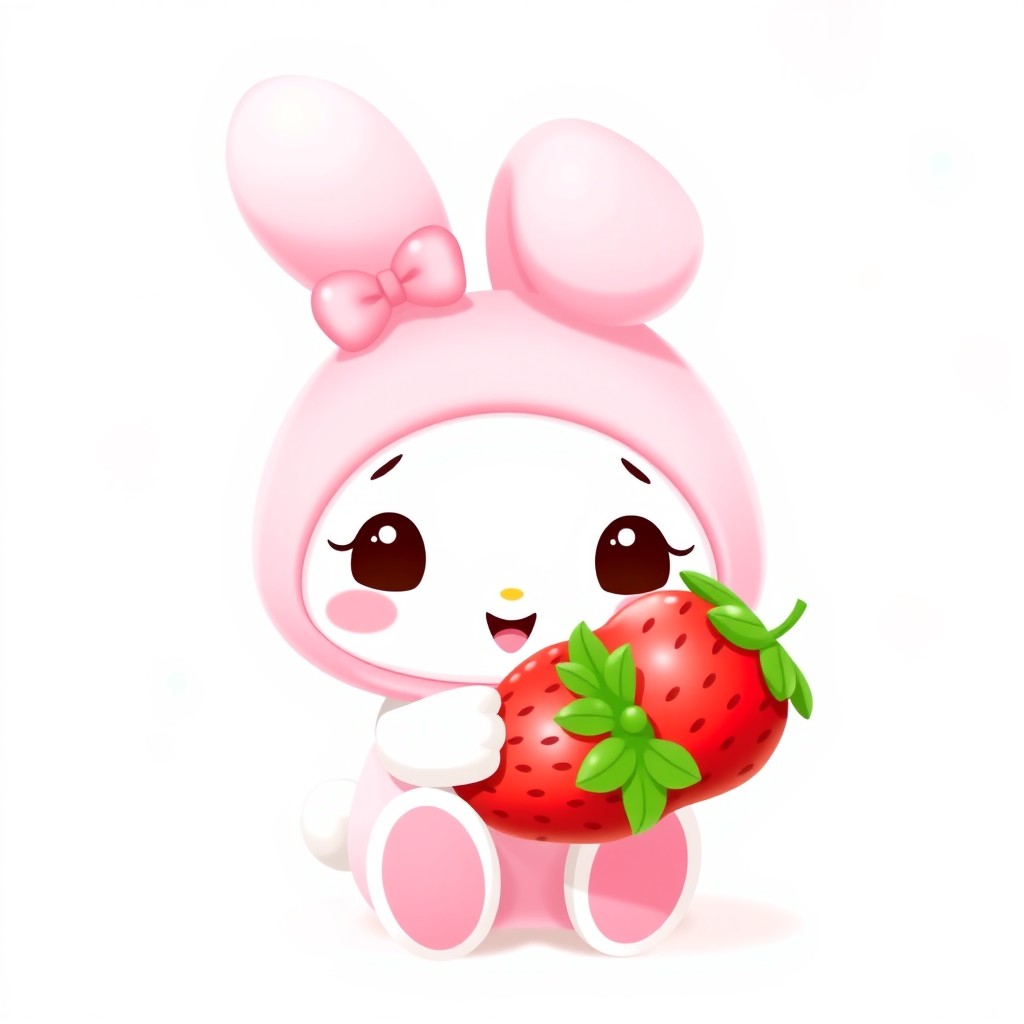 A cute My Melody character holding a strawberry, set against a soft pastel background