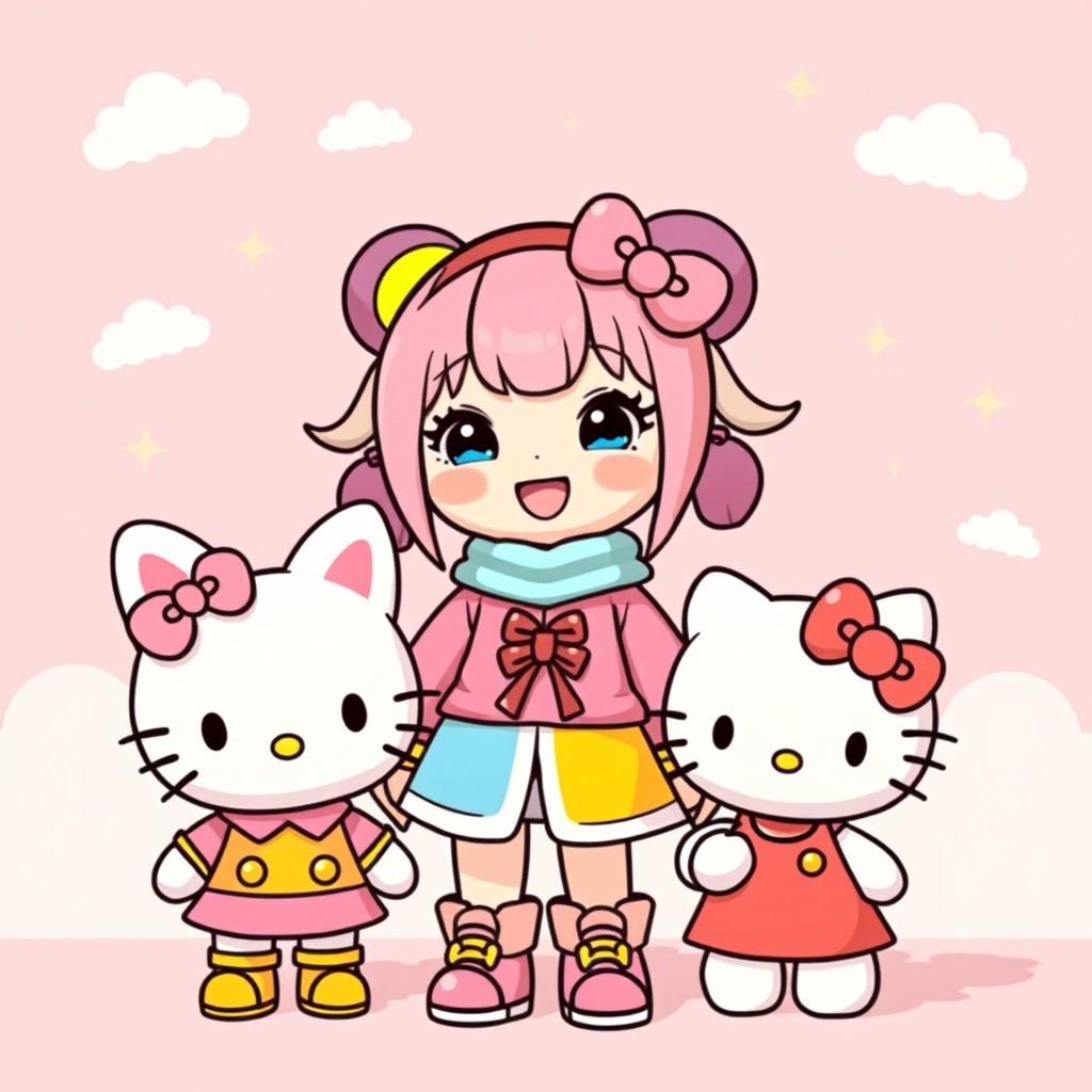 A cute Rumi character from K-pop Demon Hunters standing next to My Melody and Hello Kitty, all smiling happily