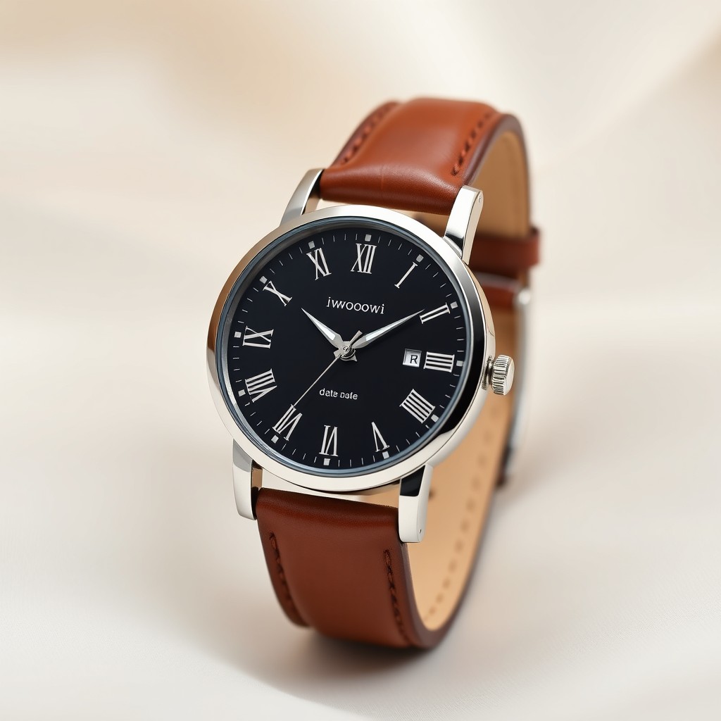 A classic men's wristwatch design by IwoooowI, featuring an elegant round stainless steel case, a minimalist black dial with silver hour markers, and a date function at 3 o'clock