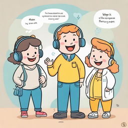 A cheerful, cartoon-style drawing depicting the steps for looking after one's hearing. Features fun characters engaged in safe listening habits and wearing protective gears, and useful tips in speech bubbles.