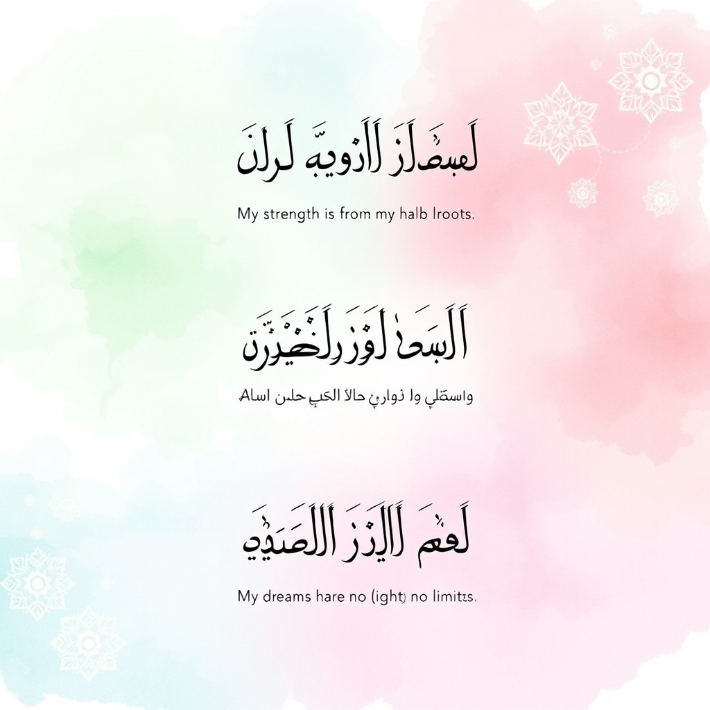 A seamless tumbler wrap design sized 2790×2460 px at 300 DPI featuring three short uplifting Arabic phrases in elegant calligraphy: 'قوتي من جذوري' (My strength is from my roots), 'أحلامي بلا حدود' (My dreams have no limits), and 'نور في الظلام' (Light in the darkness)