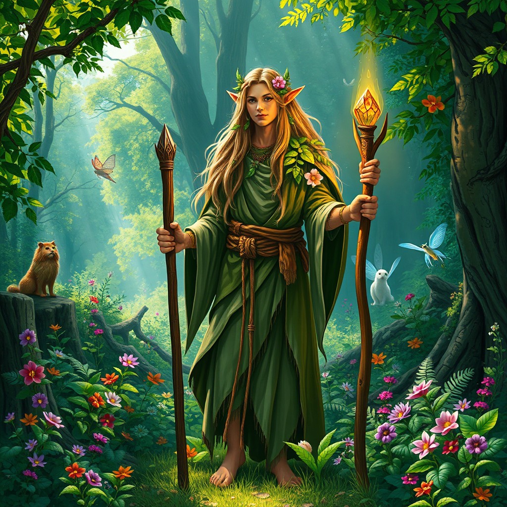 A majestic elven druid standing in a vibrant forest, surrounded by lush greenery and colorful flowers