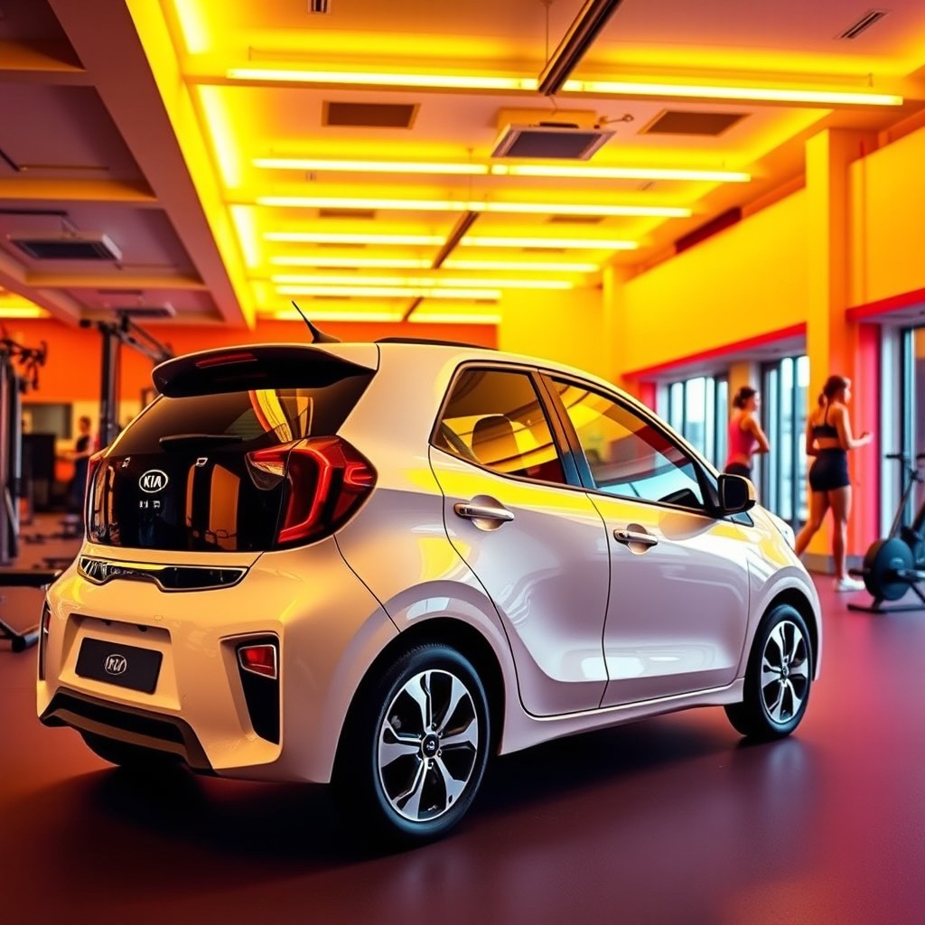 A vibrant scene featuring a stylish Kia I10 parked inside a gym, surrounded by exercise equipment visible in the background