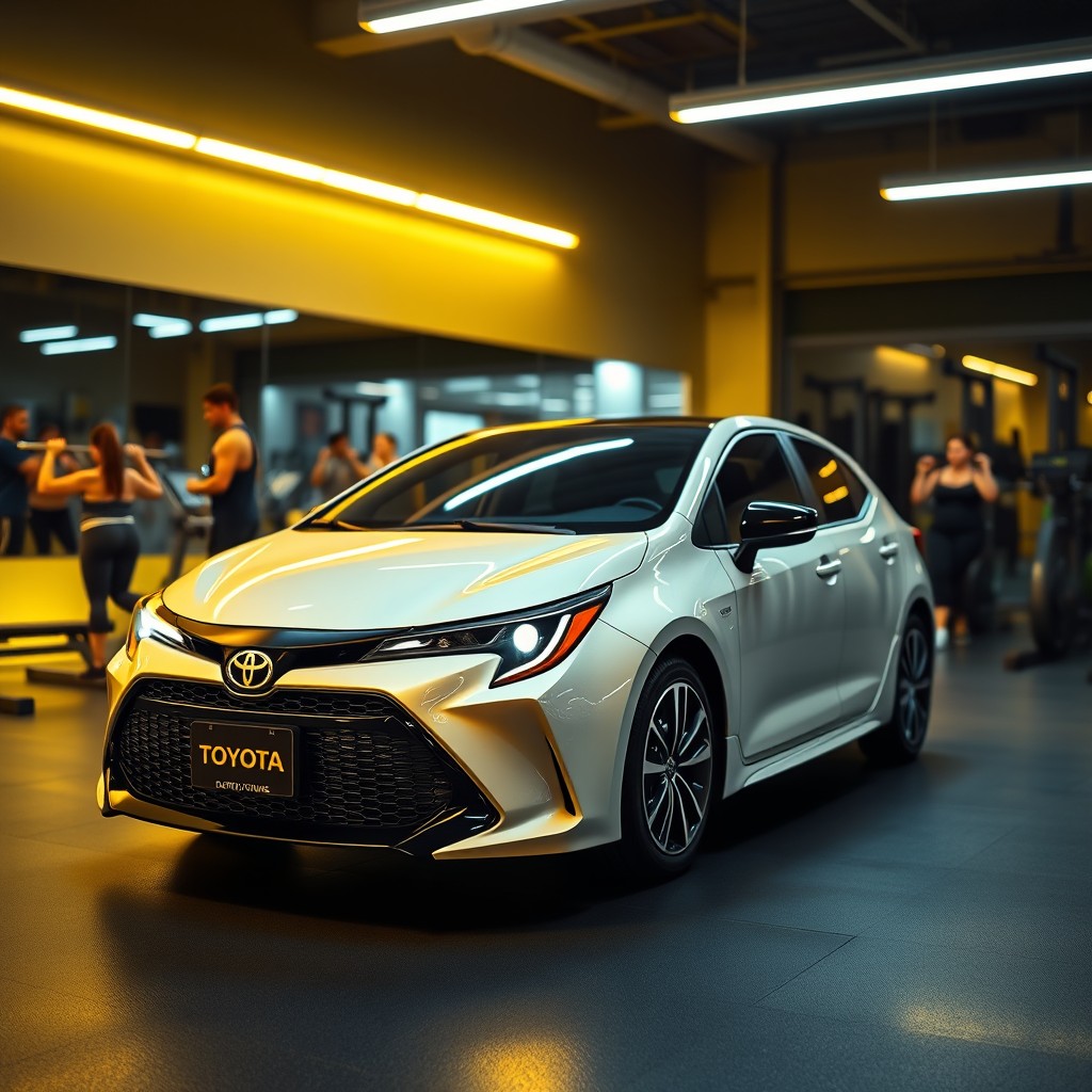 A striking scene featuring a sleek Toyota Corolla parked inside a gym, with an array of exercise equipment visible in the backdrop