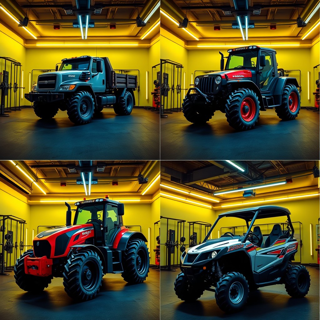 A series of four separate images, each featuring different vehicles set against a gym backdrop with neon yellow lights illuminating the ceiling