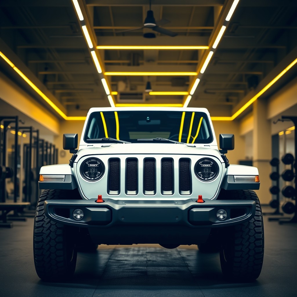 A white Jeep Rubicon parked inside a modern gym setting