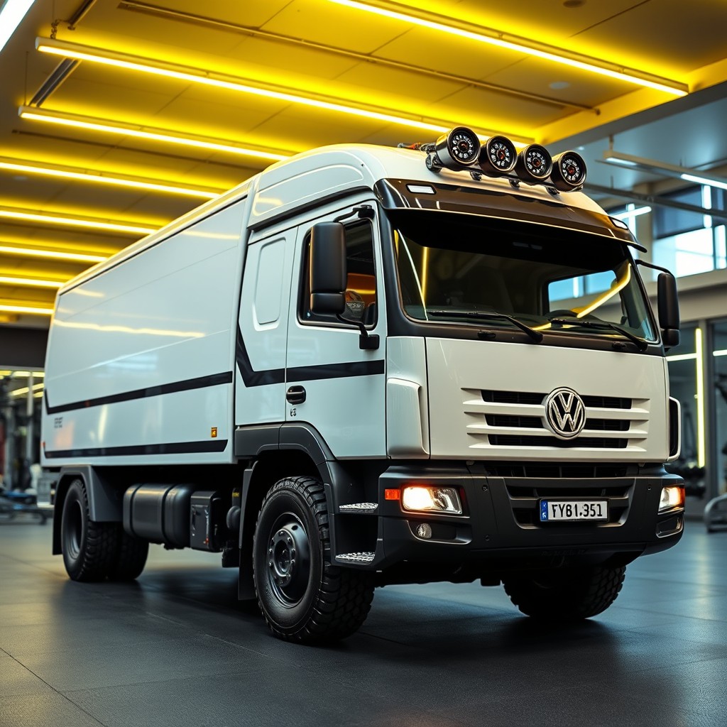 A heavy-duty white Volkswagen Truck & Bus positioned in a modern gym environment
