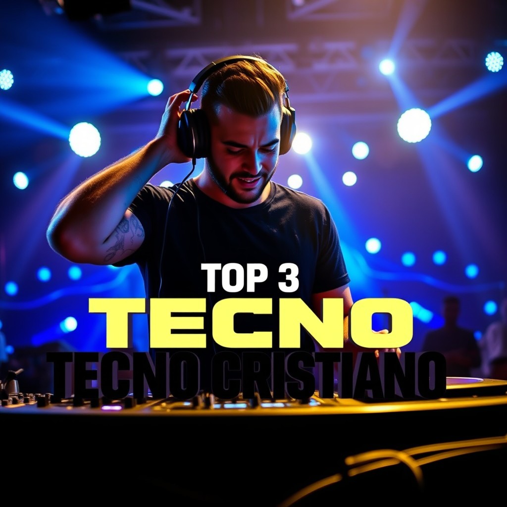 A dramatic and energetic thumbnail featuring a male Christian singer standing behind a DJ mixing table, wearing large over-ear headphones
