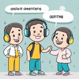 A cheerful, cartoon-style drawing depicting the steps for looking after one's hearing. Features fun characters engaged in safe listening habits and wearing protective gears, and useful tips in speech bubbles.