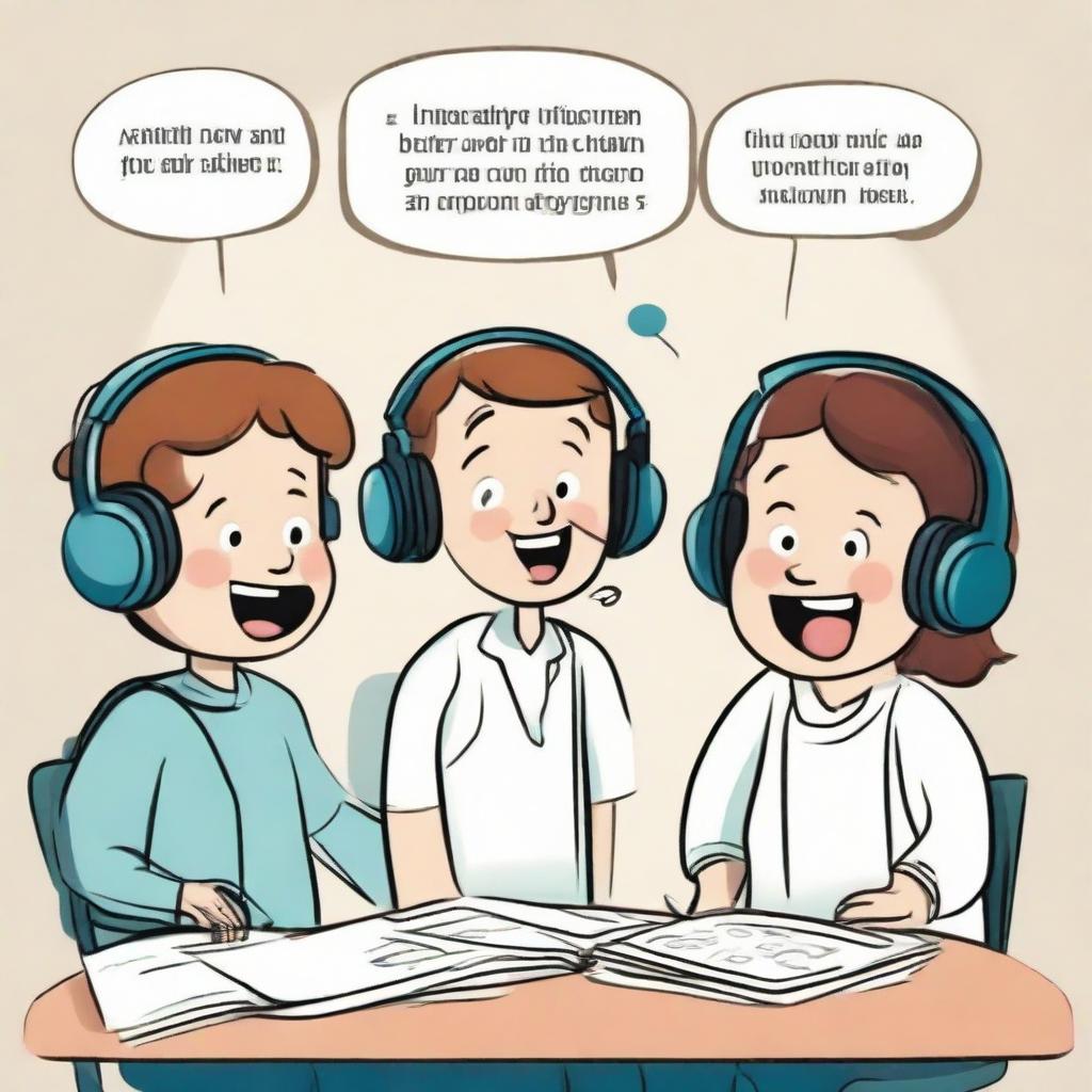 A cheerful, cartoon-style drawing depicting the steps for looking after one's hearing. Features fun characters engaged in safe listening habits and wearing protective gears, and useful tips in speech bubbles.