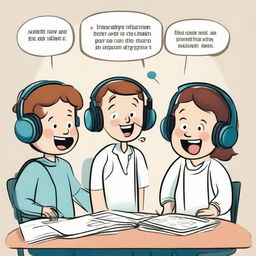 A cheerful, cartoon-style drawing depicting the steps for looking after one's hearing. Features fun characters engaged in safe listening habits and wearing protective gears, and useful tips in speech bubbles.