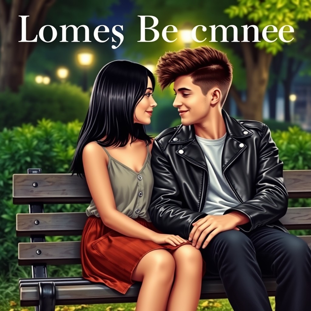 A romantic book cover featuring a girl with straight, medium-length black hair and a boy with a mullet haircut
