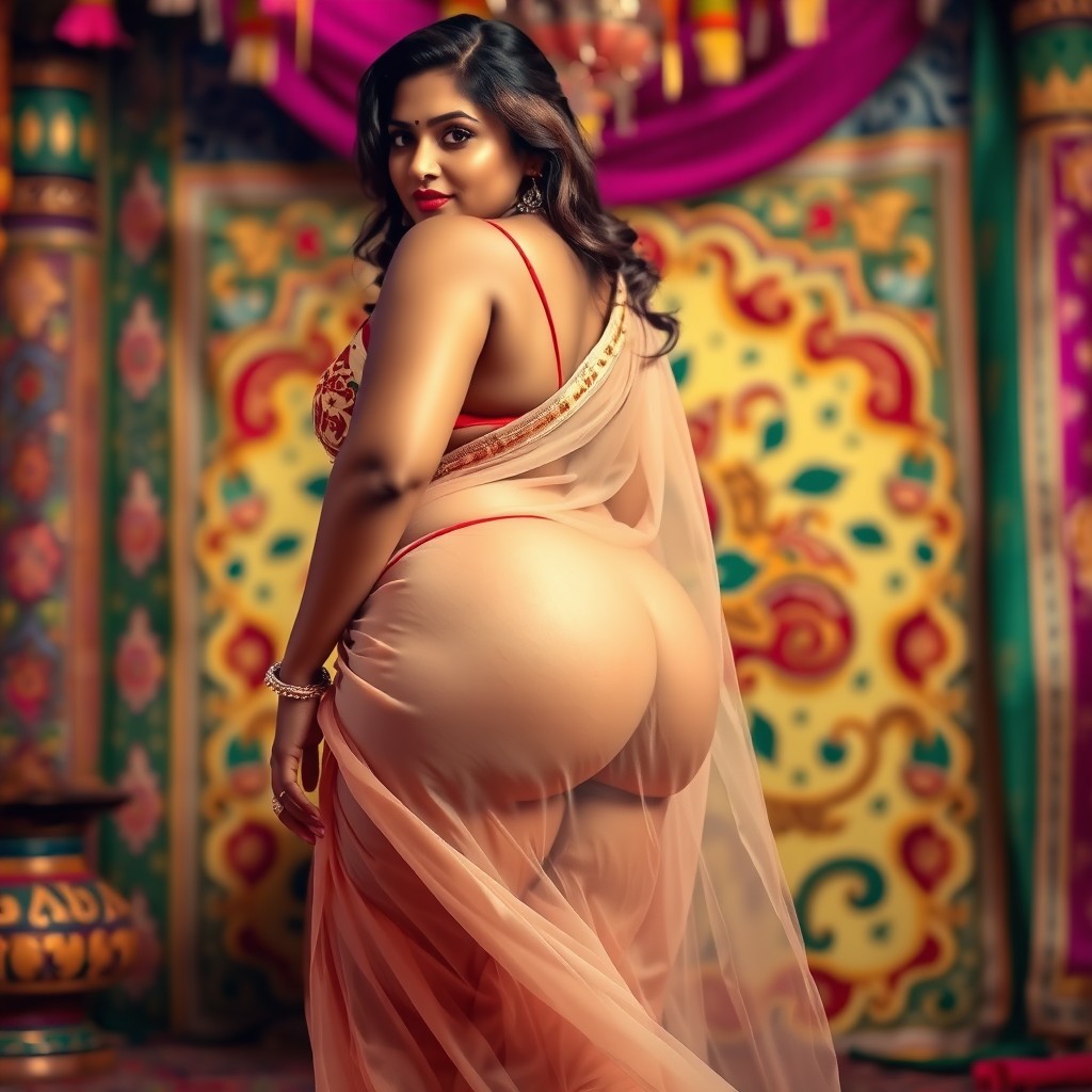 A beautiful Indian woman with a medium brown skin tone and plus-size body, featuring voluptuous curves