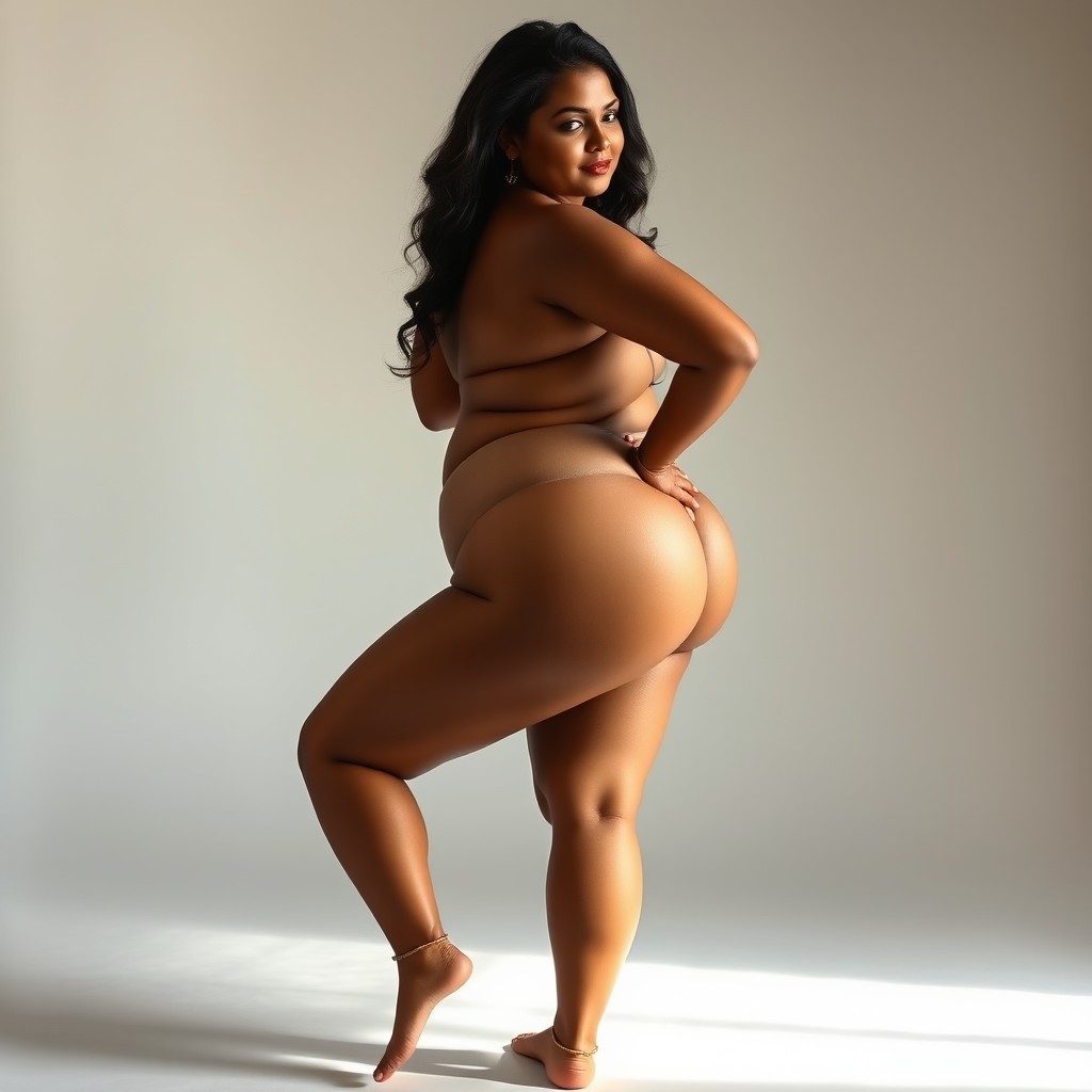 A stunning Indian woman with a medium brown skin tone and plus-size body, showcasing her voluptuous curves