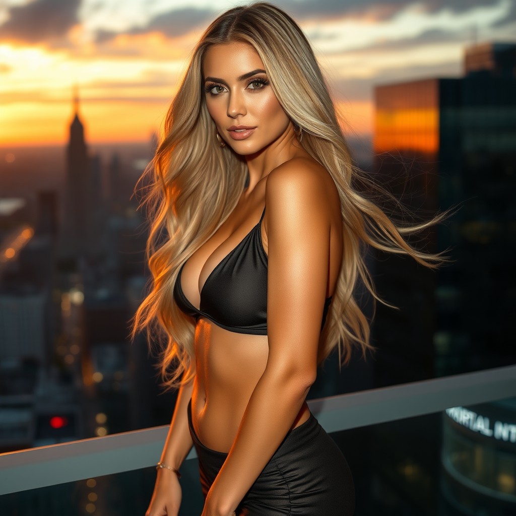 A stunning hourglass figure woman with long, flowing blonde hair, exuding confidence and allure