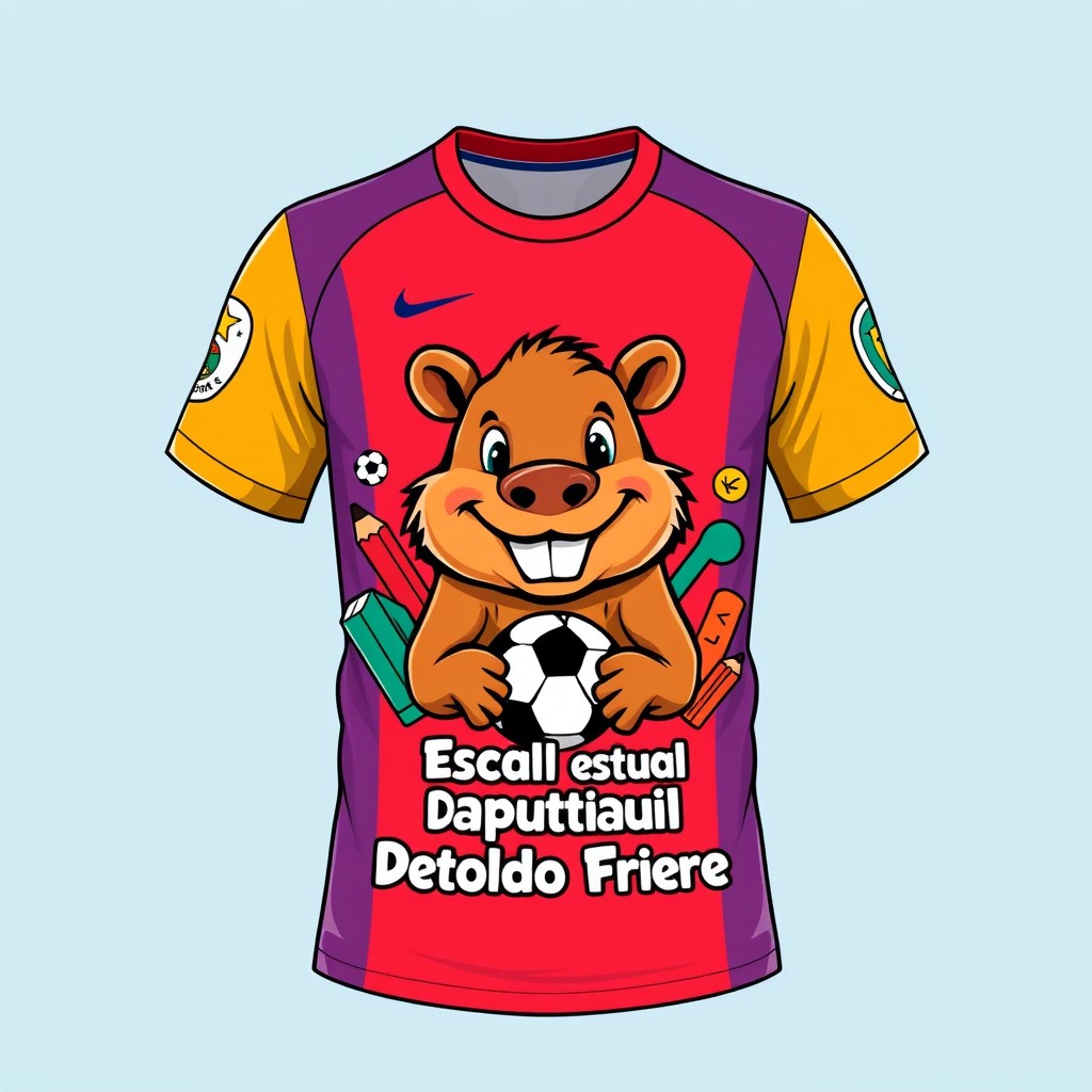 A vibrant and playful football shirt design featuring a cheerful capybara as the main graphic element