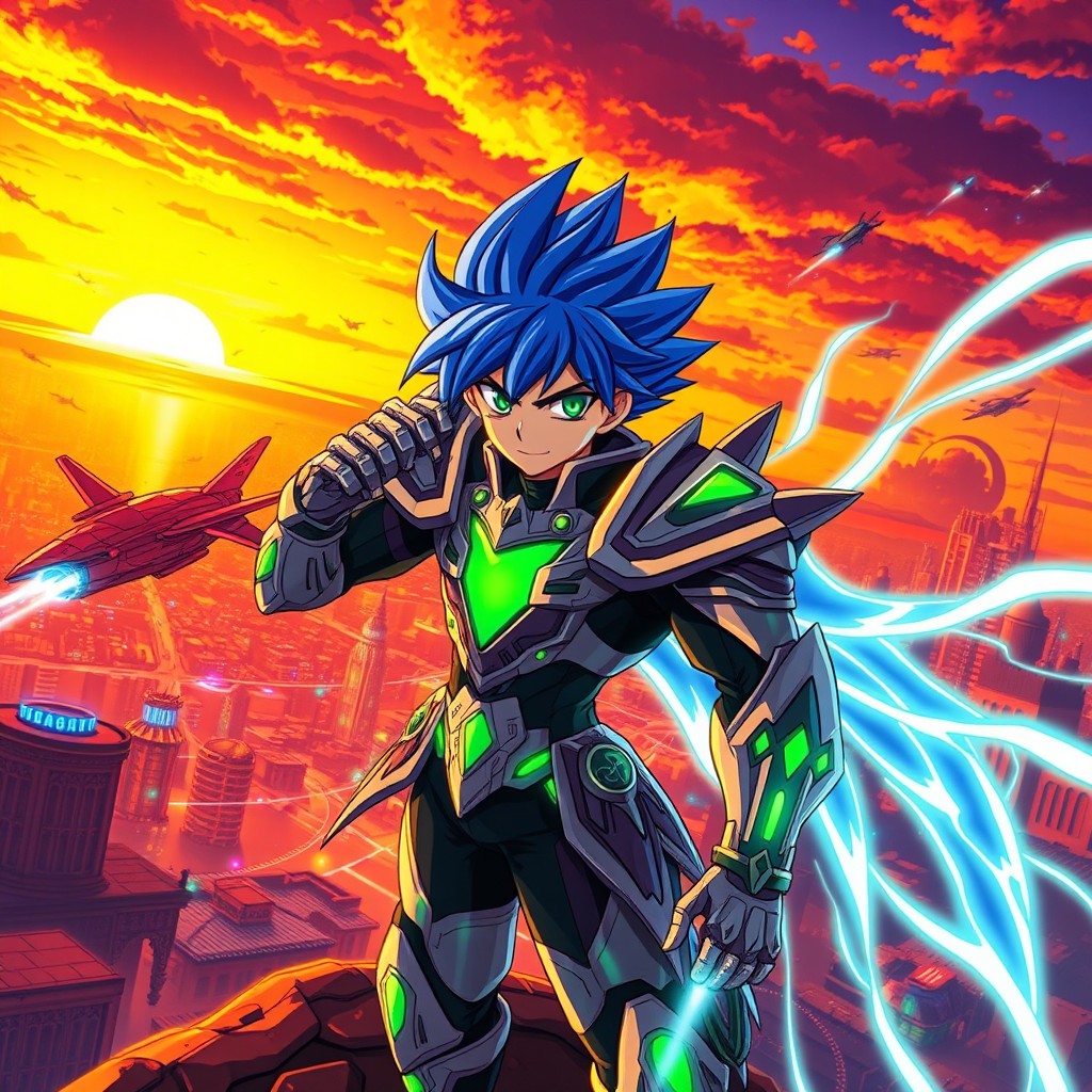 A vibrant and dynamic anime scene featuring a heroic character with spiky blue hair and vibrant green eyes