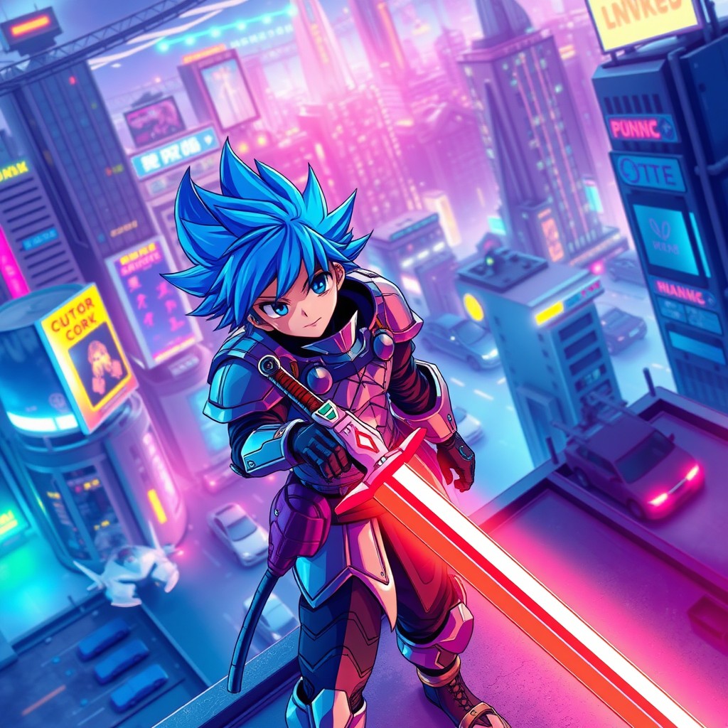 A vibrant anime scene featuring a dynamic character with spiky blue hair, dressed in a futuristic armor