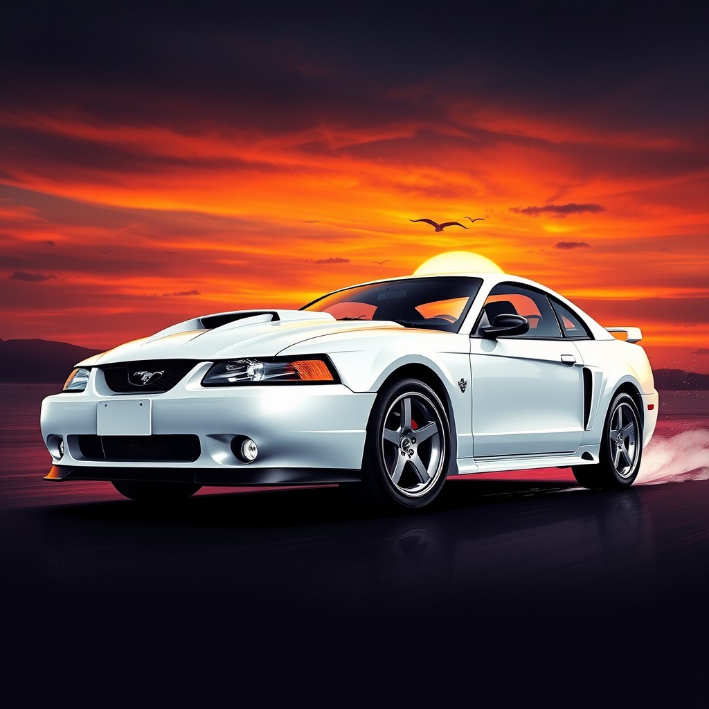 A stunning artistic rendering of a 2004 Ford Mustang GT in a striking white color