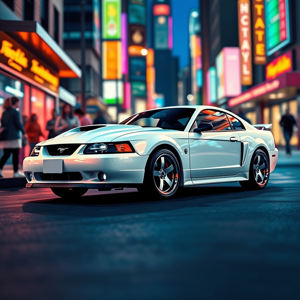 A stunning artistic rendering of a 2004 Ford Mustang GT in a striking white color, parked on a bustling downtown city street at night