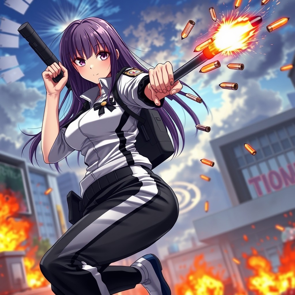 An anime-style female police officer, with straight, long hair, dynamically ricocheting bullets with her police baton