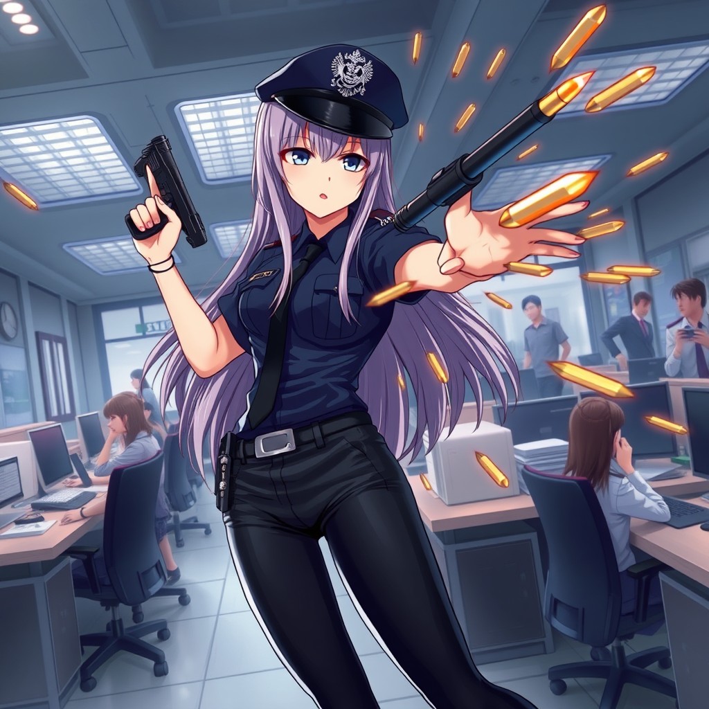 An anime-style female police officer, featuring straight, long hair, skillfully ricocheting bullets with her police baton inside a bustling police station