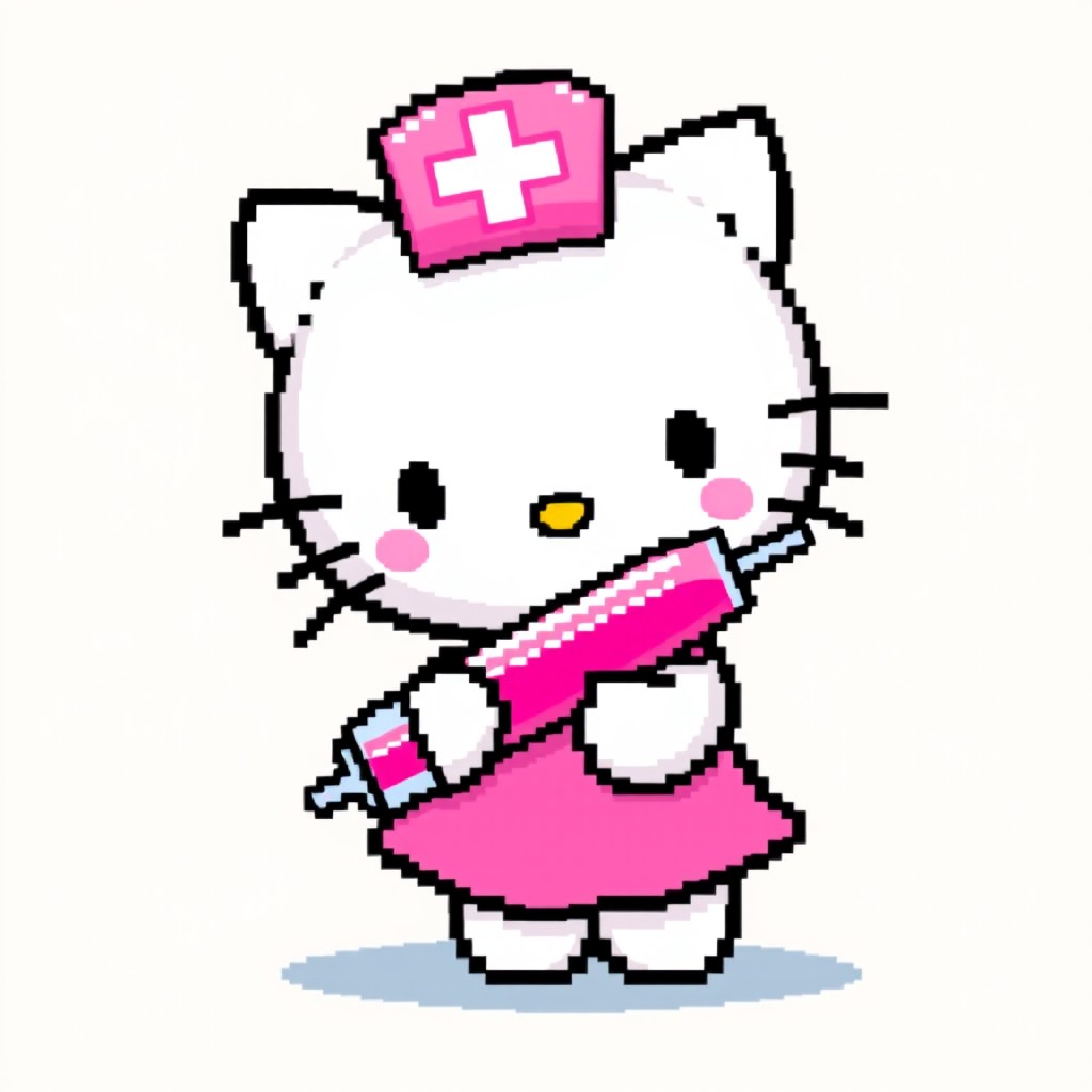 A pixel art style illustration of Hello Kitty, featuring her wearing a cute pink nurse hat adorned with a white cross