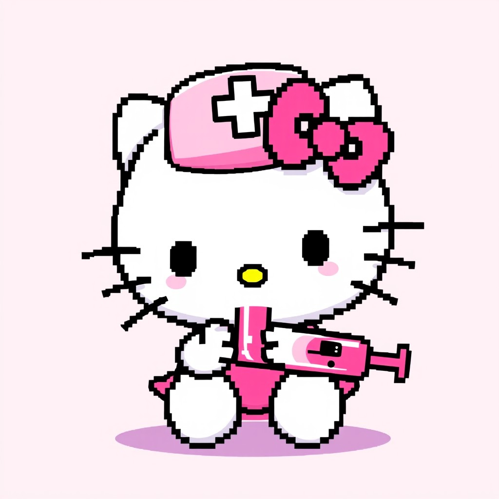 A pixel art style illustration of Hello Kitty, portrayed with a charming pink nurse hat that has a white cross on it