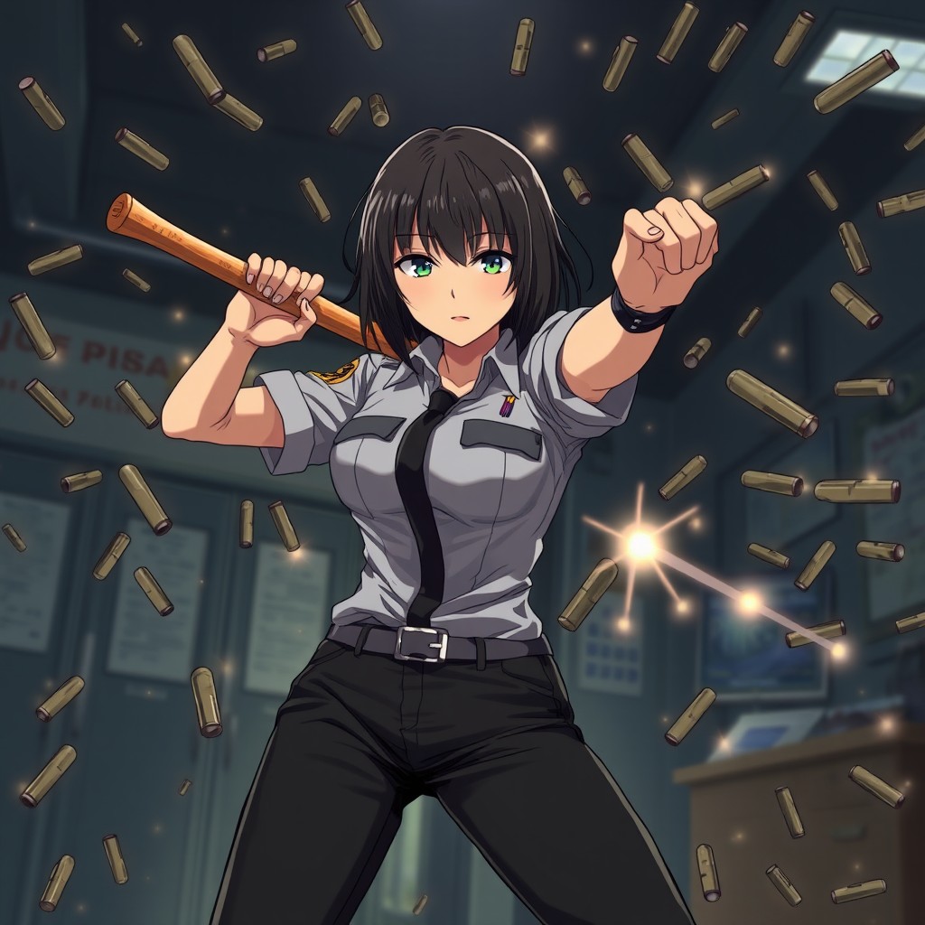 An anime-style female police officer with straight hair, wearing black pants and an unbuttoned shirt, effortlessly ricocheting bullets with her bat in a chaotic police station scene