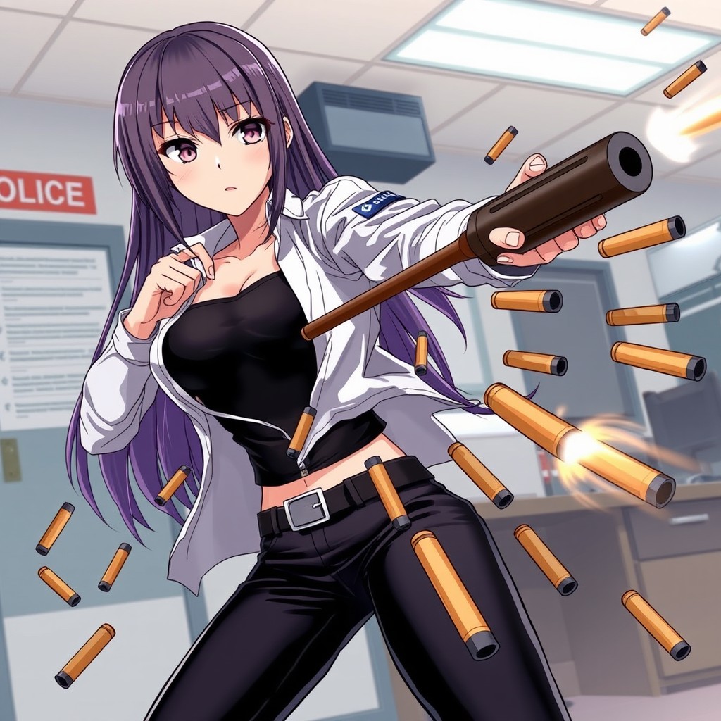An anime-style illustration featuring a female police officer with straight, long hair and a confident expression