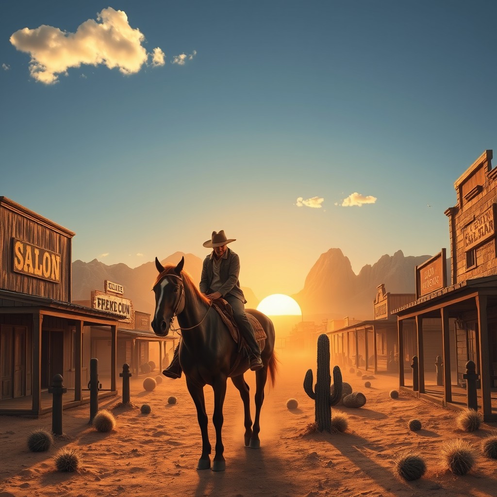 A classic Western scene set in the Wild West, featuring a dusty desert town with wooden saloons and hitching posts