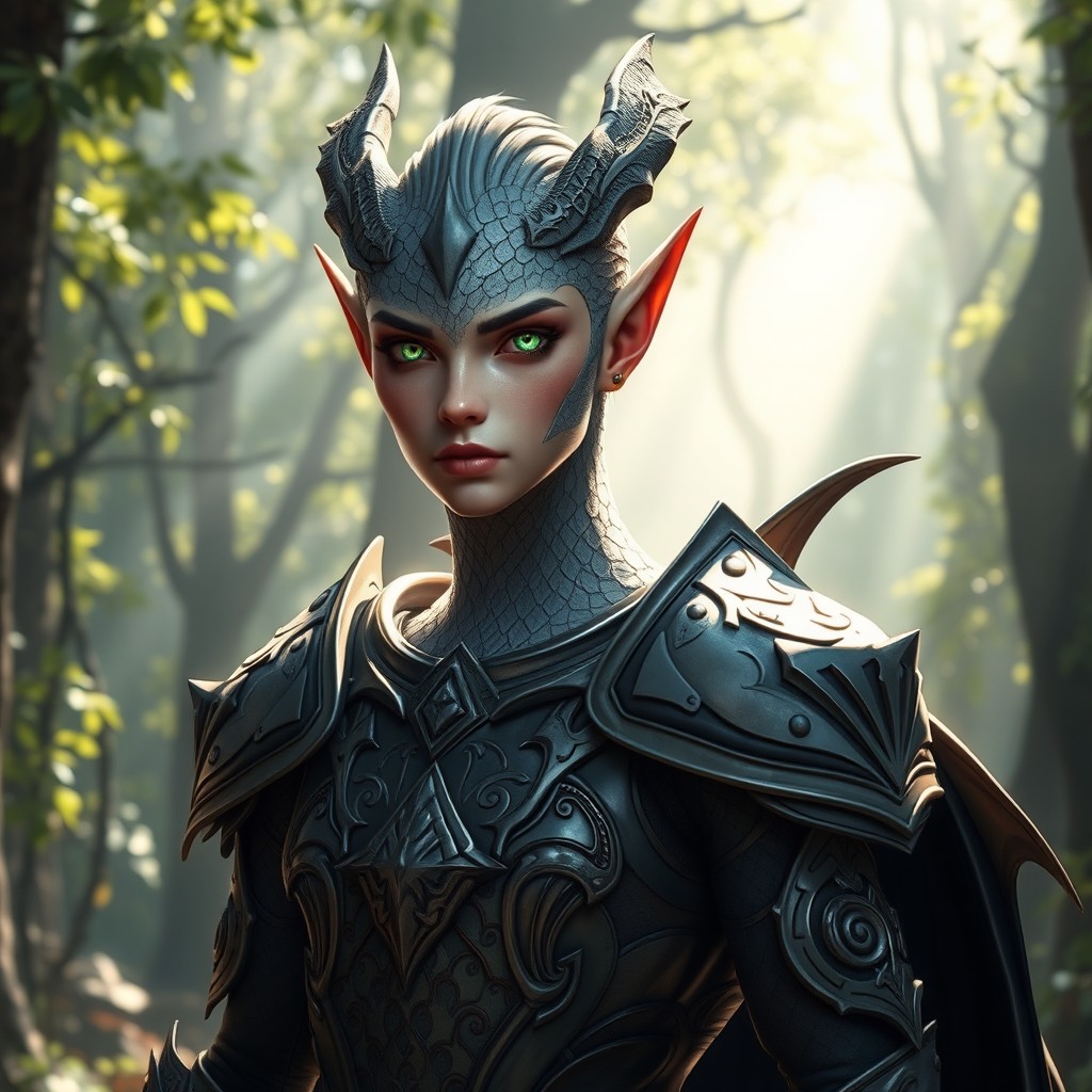 A strikingly unique half-human, half-dragon character, with sleek silver-grey scales gracefully blending into human skin