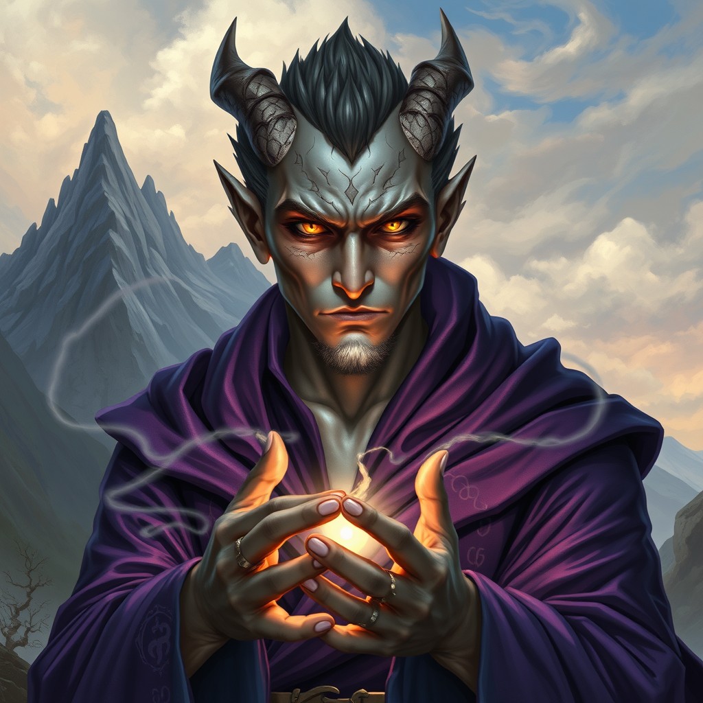 A powerful male sorcerer with draconic features, showcasing a blend of humanity and dragon-like characteristics