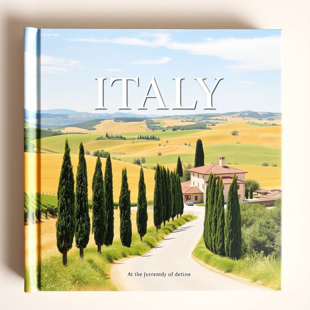 A beautifully designed photo book cover featuring a scenic view of Italy