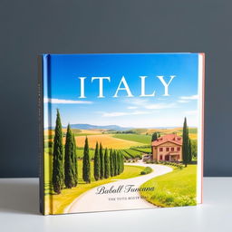 A beautifully designed photo book cover featuring a scenic view of Italy