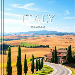 A beautifully designed photo book cover featuring a scenic view of Italy