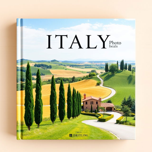 A beautifully designed photo book cover featuring a scenic view of Italy