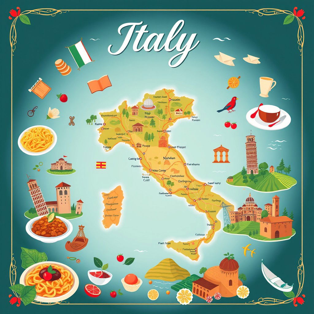 A stylish and eye-catching cover page dedicated to Italy, featuring a beautifully detailed map of the country as the central element