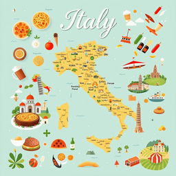 A stylish and eye-catching cover page dedicated to Italy, featuring a beautifully detailed map of the country as the central element