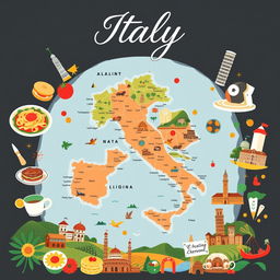 A stylish and eye-catching cover page dedicated to Italy, featuring a beautifully detailed map of the country as the central element
