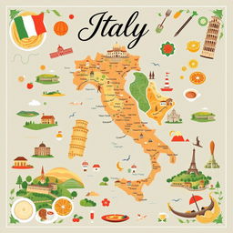 A stylish and eye-catching cover page dedicated to Italy, featuring a beautifully detailed map of the country as the central element