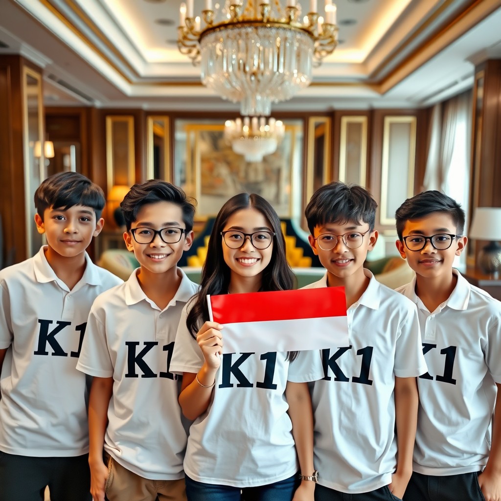 A group of 5 teenagers, consisting of 4 boys and 1 beautiful girl wearing stylish glasses, all dressed in white shirts featuring the text 'K1' prominently displayed