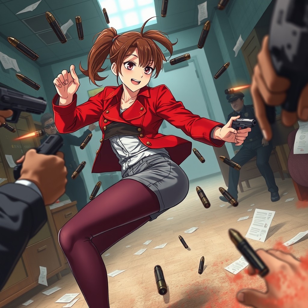 An anime woman in an action-packed scene, wearing a stylish red jacket adorned with buttons, her hair tied back in a brown ponytail